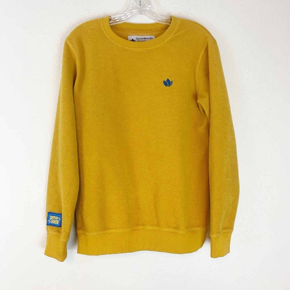 Dutch Bros Coffee Pullover Sweatshirt Mens Small Mustard Yellow Terry Crewneck
